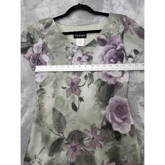 Vintage 90s SL Fashions Floral Asymmetric Chiffon Overlay V-Neck Dress 8 Green - Picture 7 of 10